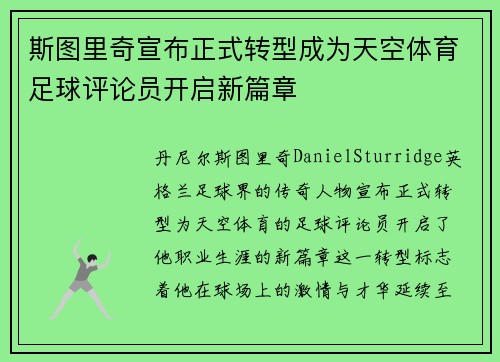斯图里奇宣布正式转型成为天空体育足球评论员开启新篇章 斯图里奇宣布正式转型成为天空体育足球评论员开启新篇章